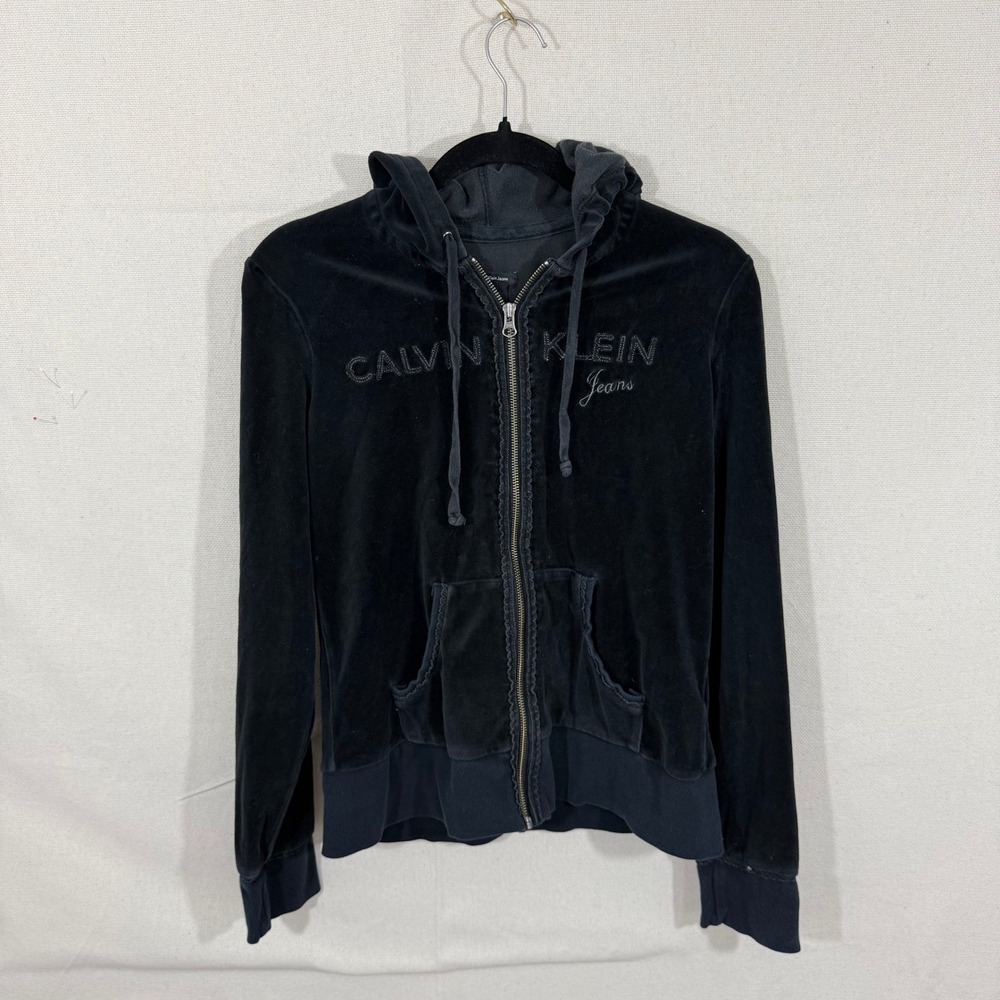 Calvin Klein Jeans‎ Womens Black Velour Tracksuit Set Hoodie Pants Y2K Small